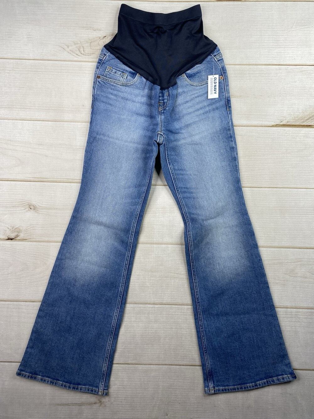 Old Navy Flare Maternity Jeans Sz 2 Short Medium Distressed Wash Full Panel NWT